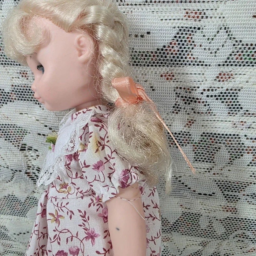 Vintage 1985 Cititoy 8 In Play Doll Blonde Braids Blue Eyes Pink Floral Dress